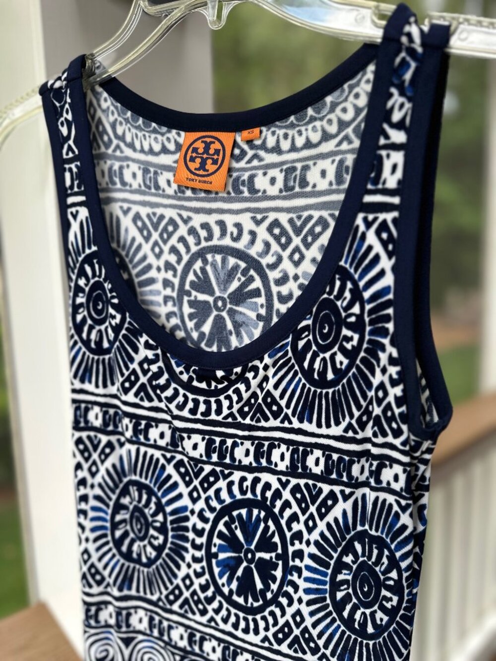 Tory Burch Scoop Neck Geometric Print Long Sleeveless Tank Top Blue Size XS